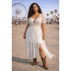 Xhilaration White Lace Chiffon Maxi Dress – Boho Coachella Festival XL
